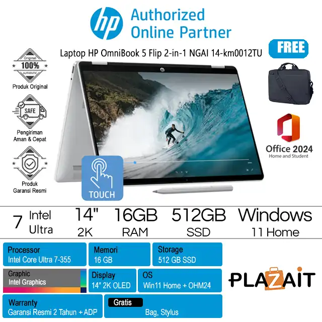 HP OmniBook 5 Flip 2-in-1 Next Gen AI 14-km0012TU - D6UE2PA /Intel Core Ultra 7-355/16GB/512GB SSD/Intel Graphics/14" 2K Touch/Win 11 Home+OH24+M365/Glacier Silver/2Y