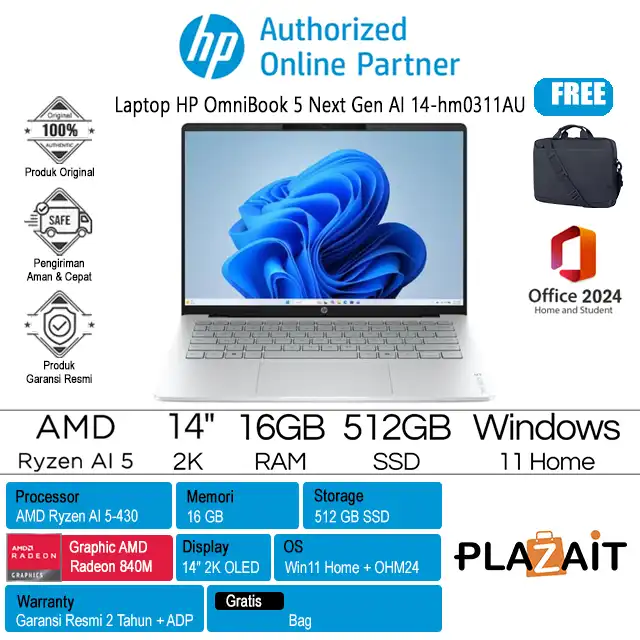 HP OmniBook 5 Next Gen AI 14-hm0311AU - D6ZV8PA /AMD Ryzen AI 5-430/16GB/512GB SSD/AMD Radeon Graphics/14" 2K OLED Touch/Win 11 Home+OH24+M365/Glacier Silver/2Y