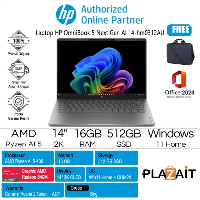 HP OmniBook 5 Next Gen AI 14-hm0312AU - D6ZV9PA /AMD Ryzen AI 5-430/16GB/512GB SSD/AMD Radeon Graphics/14" 2K OLED Touch/Win 11 Home+OH24+M365/Meteor Silver/2Y