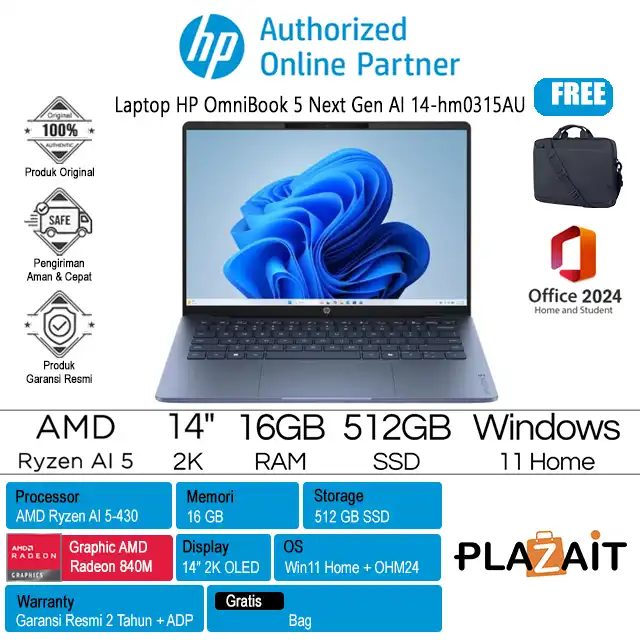HP OmniBook 5 Next Gen AI 14-hm0315AU - D6ZW0PA /AMD Ryzen AI 5-430/16GB/512GB SSD/AMD Radeon Graphics/14" 2K OLED Touch/Win 11 Home+OH24+M365/Starlit Blue/2Y