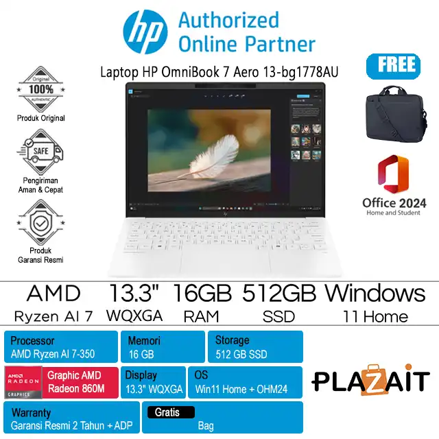 HP OmniBook 7 Aero 13-bg1778AU - BM7R3PA /AMD Ryzen AI 7-350/16GB/512GB SSD/AMD Radeon Graphics/13.3" WQXGA/Win 11 Home+OH24+M365/White/2Y