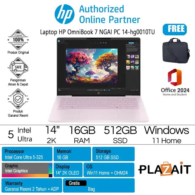 HP OmniBook 7 Next Gen AI PC 14-hg0010TU - D6UJ0PA /Intel Core Ultra 5-325/16GB/512GB SSD/Intel Graphics/14" 2K OLED/Win 11 Home+OH24+M365/Powder Pink/2Y