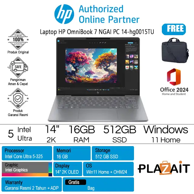 HP OmniBook 7 Next Gen AI PC 14-hg0015TU - D6UJ1PA /Intel Core Ultra 5-325/16GB/512GB SSD/Intel Graphics/14" 2K OLED/Win 11 Home+OH24+M365/Meteor Silver/2Y