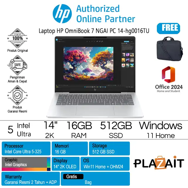 HP OmniBook 7 Next Gen AI PC 14-hg0016TU - D6UJ2PA /Intel Core Ultra 5-325/16GB/512GB SSD/Intel Graphics/14" 2K OLED/Win 11 Home+OH24+M365/Glacier Silver/2Y