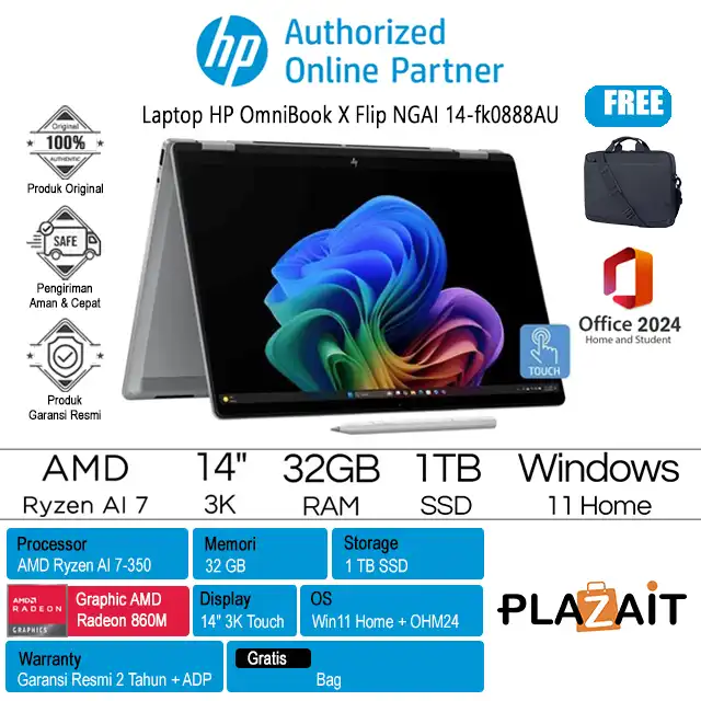 HP OmniBook X Flip Next Gen AI 14-fk0888AU - BM7R7PA /AMD Ryzen AI 7-350/32GB/1TB SSD/AMD Radeon Graphics/14″ 3K Touch/Win 11 Home+OH24+M365/Silver/2Y