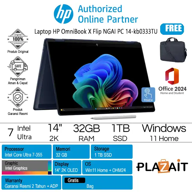 HP OmniBook X Flip Next Gen AI PC 14-kb0333TU - DK3U0PA /Intel Core Ultra 7-355/32GB/1TB SSD/Intel Graphics/14" 2K Touch/Win 11 Home+OH24+M365/Blue/2Y