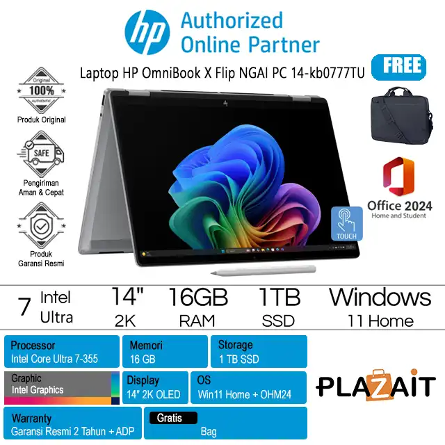 HP OmniBook X Flip Next Gen AI PC 14-kb0777TU - D6UY0PA /Intel Core Ultra 7-355/16GB/1TB SSD/Intel Graphics/14" 2K Touch/Win 11 Home+OH24+M365/Silver/2Y