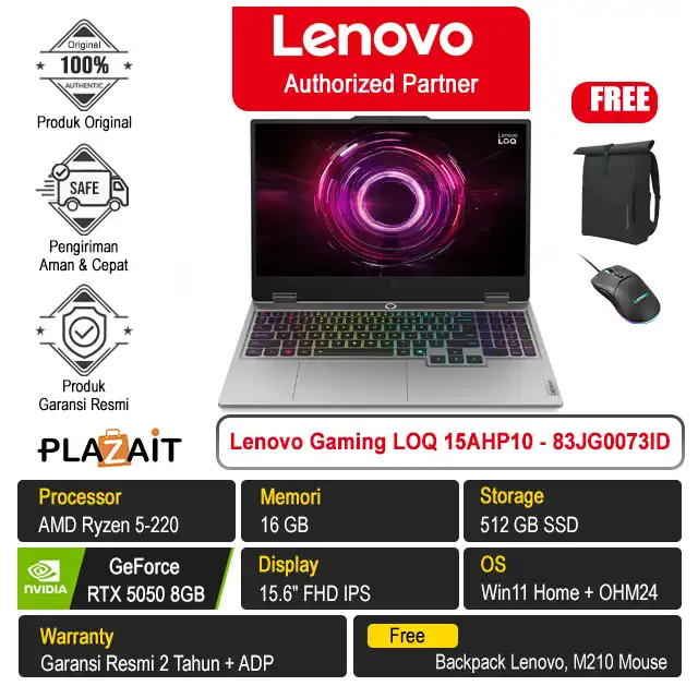 Lenovo Gaming LOQ 15AHP10 - 83JG0073ID /AMD Ryzen 5-220/16GB/512GB SSD/RTX5050 8GB/15.6″ FHD/Win 11 Home+OH24+M365/Luna Grey/2Y