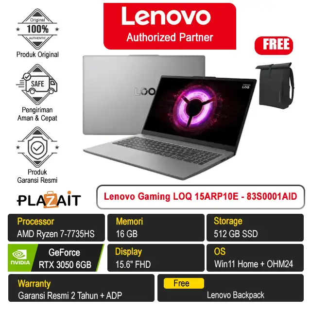 Lenovo Gaming LOQ 15ARP10E Essential - 83S0001AID /AMD Ryzen 7-7735HS/16GB/512GB SSD/RTX3050 6GB/15.6″ FHD/Win 11 Home+OH24+M365/Luna Grey/2Y