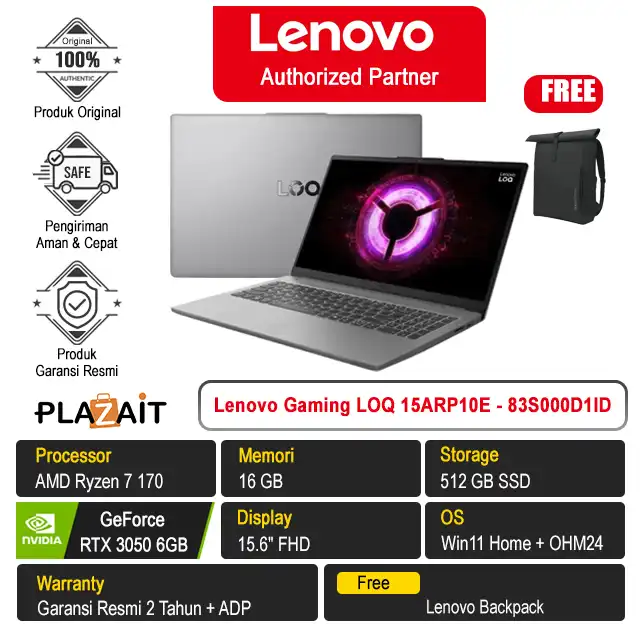 Lenovo Gaming LOQ 15ARP10E Essential - 83S000D1ID /AMD Ryzen 7 170/16GB/512GB SSD/RTX3050 6GB/15.6″ FHD/Win 11 Home+OH24+M365/Luna Grey/2Y
