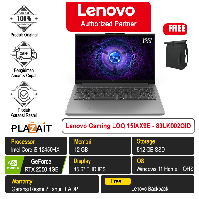 Lenovo Gaming LOQ 15IAX9E Essential - 83LK002QID /Intel Core i5-12450HX/12GB/512GB SSD/RTX2050 4GB/15.6″ FHD IPS/Win 11 Home+OHS 2024/Luna Grey/2Y