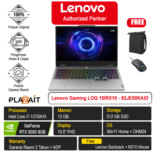 Lenovo Gaming LOQ 15IRX10 - 83JE00KAID /Intel Core i7-13700HX/12GB/512GB SSD/RTX5050 8GB/15.6″ FHD/Win 11 Home+OH24+M365/Luna Grey/2Y