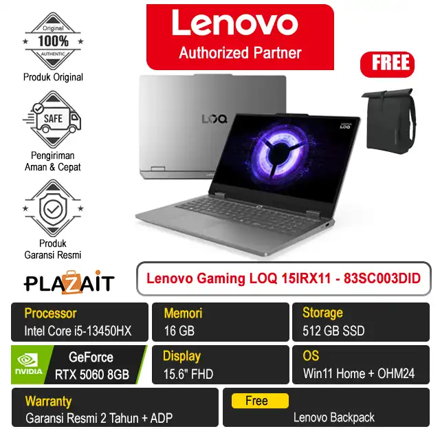 Lenovo Gaming LOQ 15IRX11 Essential - 83SC003DID /Intel Core i5-13450HX/16GB/512GB SSD/RTX5060 8GB/15.6″ FHD/Win 11 Home+OH24+M365/Luna Grey/2Y