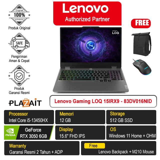 Lenovo Gaming LOQ 15IRX9 - 83DV016NID /Intel Core i5-13450HX/12GB/512GB SSD/RTX3050 6GB/15.6″ FHD/Win 11 Home+OHM 2024/Luna Grey/2Y