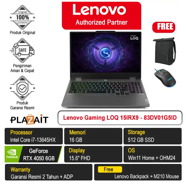 Lenovo Gaming LOQ 15IRX9 - 83DV01G5ID /Intel Core i7-13645HX/16GB/512GB SSD/RTX4050 6GB/15.6″ FHD/Win 11 Home+OH24+M365/Luna Grey/2Y