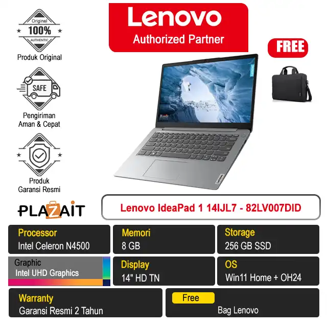 Lenovo IdeaPad 1 14IJL7 - 82LV007DID /Intel Celeron N4500/8GB/256GB SSD/Intel UHD Graphics/14″ HD TN/Win 11 Home+OH24/Cloud Grey/2Y