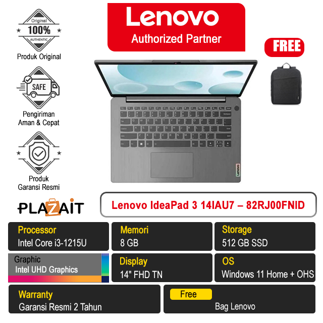 Lenovo IdeaPad 3 14IAU7 - 82RJ00FNID /Intel Core i3-1215U/8GB/512GB SSD/Intel UHD Graphics/14″ FHD TN/Win 11 Home+OHS 2021/Arctic Grey/2Y