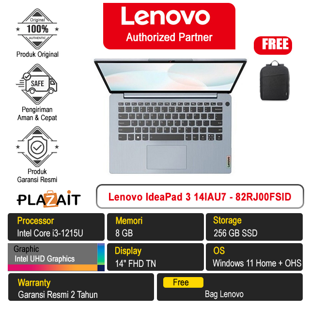Lenovo IdeaPad 3 14IAU7 - 82RJ00FSID /Intel Core i3-1215U/8GB/256GB SSD/Intel UHD Graphics/14″ FHD TN/Win 11 Home+OHS 2021/Misty Blue/2Y