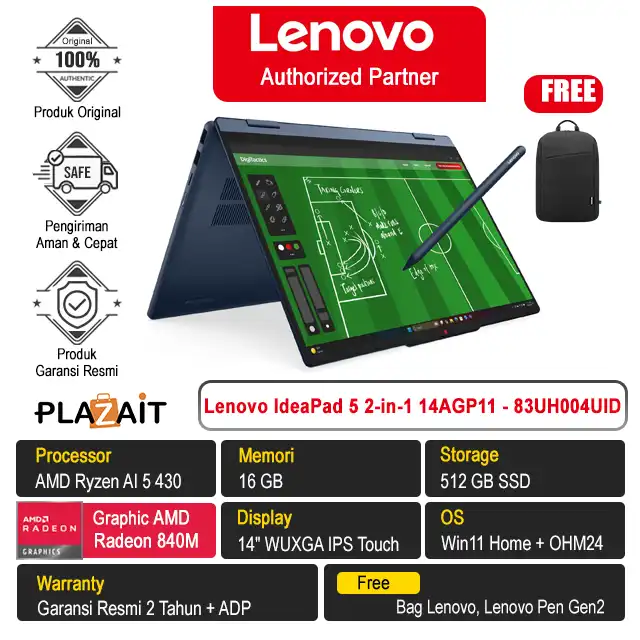 Lenovo IdeaPad 5 2-in-1 14AGP11 - 83UH004UID /AMD Ryzen AI 5 430/16GB/512GB SSD/AMD Radeon Graphics/14" WUXGA Touch/Win 11 Home+OH24+M365/Cosmic Blue/2Y