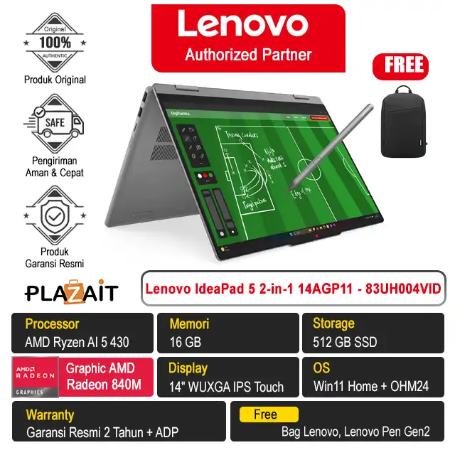 Lenovo IdeaPad 5 2-in-1 14AGP11 - 83UH004VID /AMD Ryzen AI 5 430/16GB/512GB SSD/AMD Radeon Graphics/14" WUXGA Touch/Win 11 Home+OH24+M365/Luna Grey/2Y