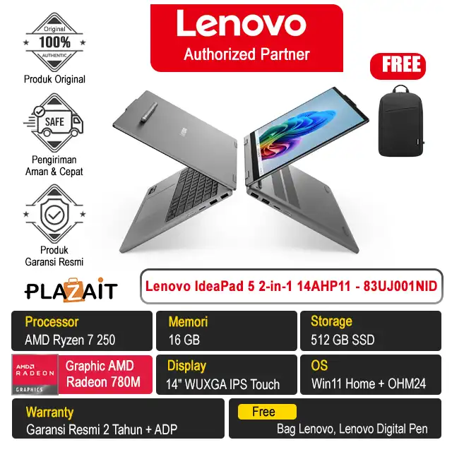 Lenovo IdeaPad 5 2-in-1 14AHP11 - 83UJ001NID /AMD Ryzen 7 250/16GB/512GB SSD/AMD Radeon Graphics/14" WUXGA Touch/Win 11 Home+OH24+M365/Luna Grey/2Y