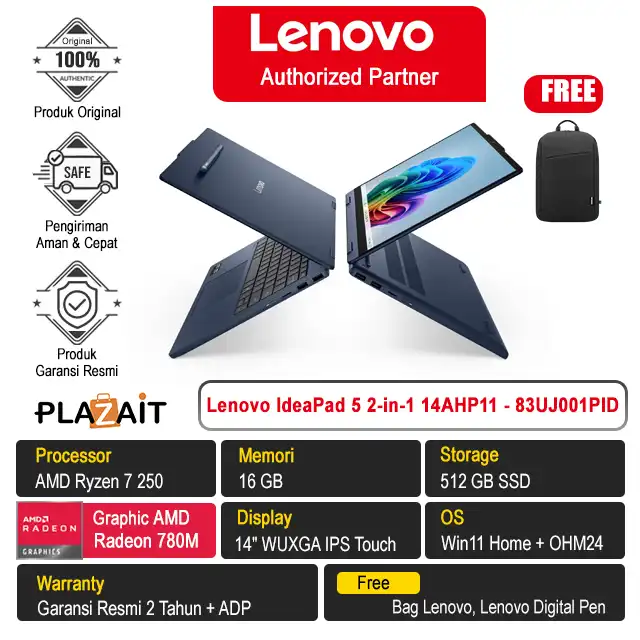 Lenovo IdeaPad 5 2-in-1 14AHP11 - 83UJ001PID /AMD Ryzen 7 250/16GB/512GB SSD/AMD Radeon Graphics/14" WUXGA Touch/Win 11 Home+OH24+M365/Cosmic Blue/2Y
