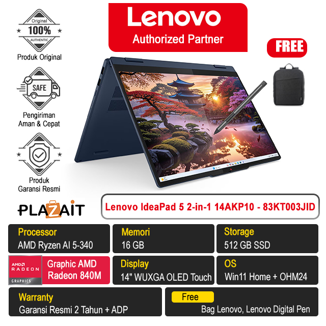 Lenovo IdeaPad 5 2-in-1 14AKP10 - 83KT003JID /AMD Ryzen AI 5-340/16GB/512GB SSD/AMD Radeon Graphics/14" WUXGA Touch/Win 11 Home+OH24+M365/Cosmic Blue/2Y