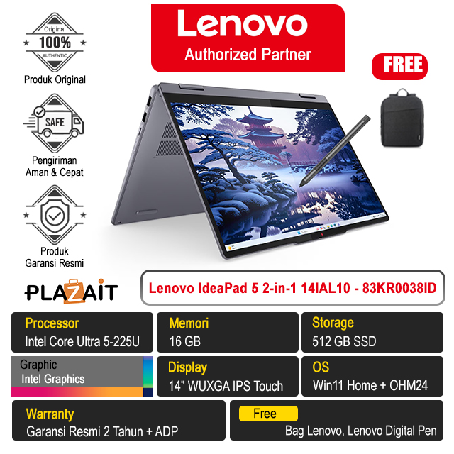 Lenovo IdeaPad 5 2-in-1 14IAL10 - 83KR0038ID /Intel Core Ultra 5-225U/16GB/512GB SSD/Intel Graphics/14" WUXGA Touch/Win 11 Home+OH24+M365/Luna Grey/2Y