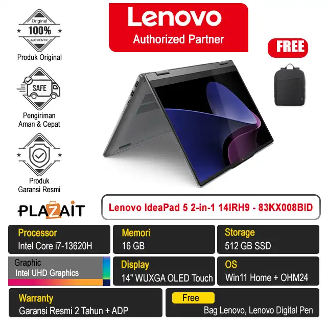 Lenovo IdeaPad 5 2-in-1 14IRH9 - 83KX008BID /Intel Core i7-13620H/16GB/512GB SSD/Intel UHD Graphics/14" WUXGA OLED Touch/Win 11 Home+OH24+M365/Luna Grey/2Y