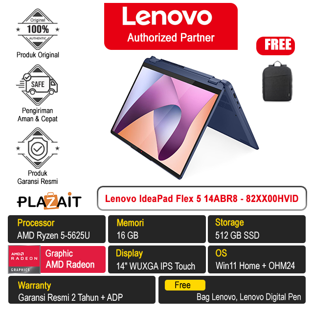 Lenovo IdeaPad Flex 5 14ABR8 - 82XX00HVID /AMD Ryzen 5-5625U/16GB/512GB SSD/AMD Radeon Graphics/14" WUXGA IPS Touch/Win 11 Home+OH24+M365/Abyss Blue/2Y
