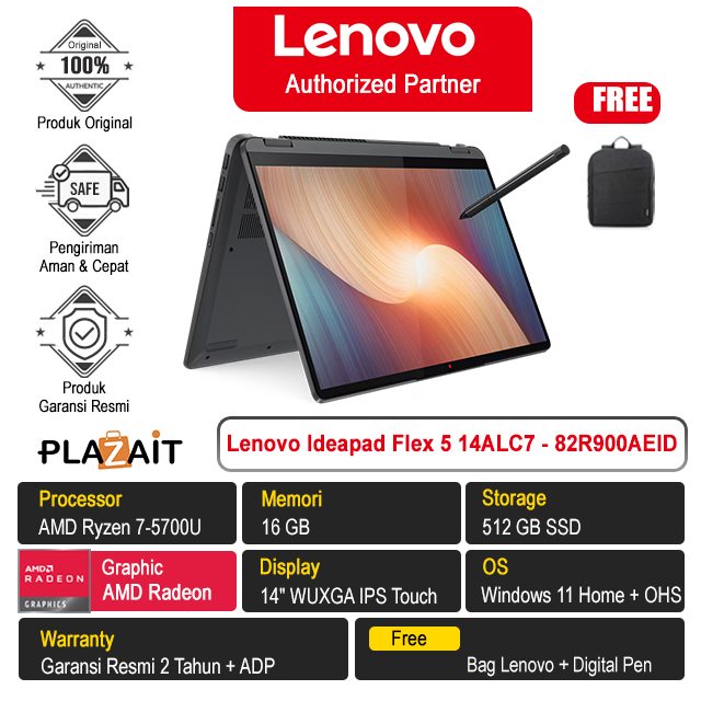 Lenovo Ideapad Flex 5 14ALC7 - 82R900AEID /AMD Ryzen 7-5700U/16GB/512GB SSD/AMD Radeon Graphics/14″ WUXGA IPS Touch/Win 11 Home+OHS 2021/Storm Grey/2Y