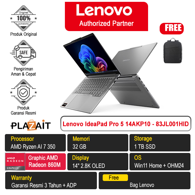Lenovo IdeaPad Pro 5 14AKP10 - 83JL001HID /AMD Ryzen AI 7 350/32GB/1TB SSD/AMD Radeon 860M Graphics/14" 2.8K OLED/Win 11 Home+OH24+M365/Luna Grey/3Y