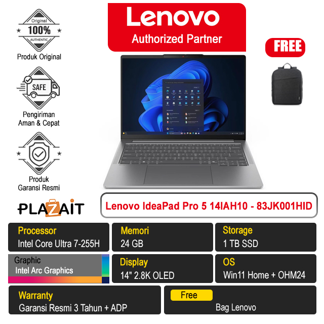 Lenovo IdeaPad Pro 5 14IAH10 - 83JK001HID /Intel Core Ultra 7-255H/24GB/1TB SSD/Intel Arc Graphics/14" 2.8K OLED/Win 11 Home+OH24+M365/Luna Grey/3Y