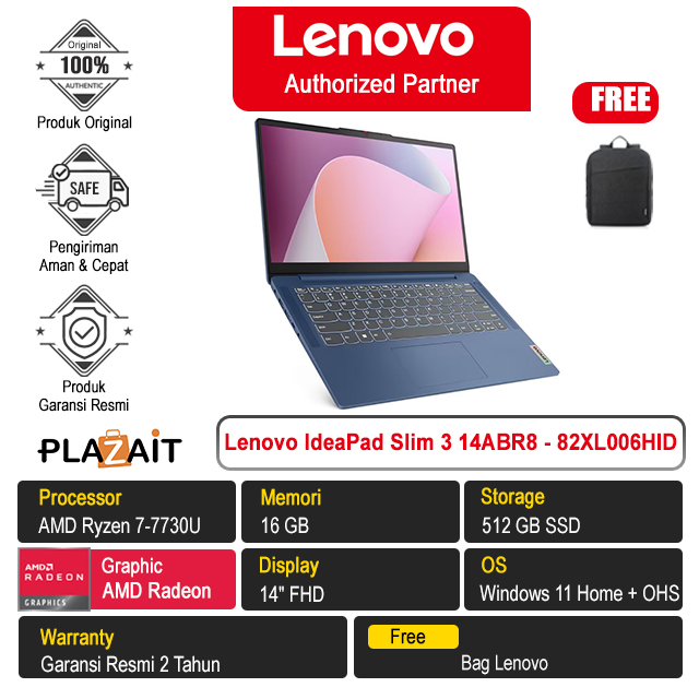Lenovo IdeaPad Slim 3 14ABR8 - 82XL006HID /AMD Ryzen 7-7730U/16GB/512GB SSD/AMD Radeon Graphics/14″ FHD/Win 11 Home+OHS 2021/Abyss Blue/2Y