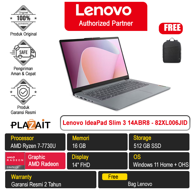 Lenovo IdeaPad Slim 3 14ABR8 - 82XL006JID /AMD Ryzen 7-7730U/16GB/512GB SSD/AMD Radeon Graphics/14″ FHD/Win 11 Home+OHS 2021/Arctic Grey/2Y