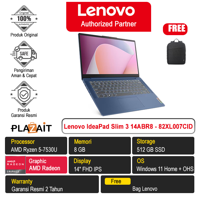 Lenovo IdeaPad Slim 3 14ABR8 - 82XL007CID /AMD Ryzen 5-7530U/8GB/512GB SSD/AMD Radeon Graphics/14″ FHD IPS/Win 11 Home+OHS 2021/Abyss Blue/2Y