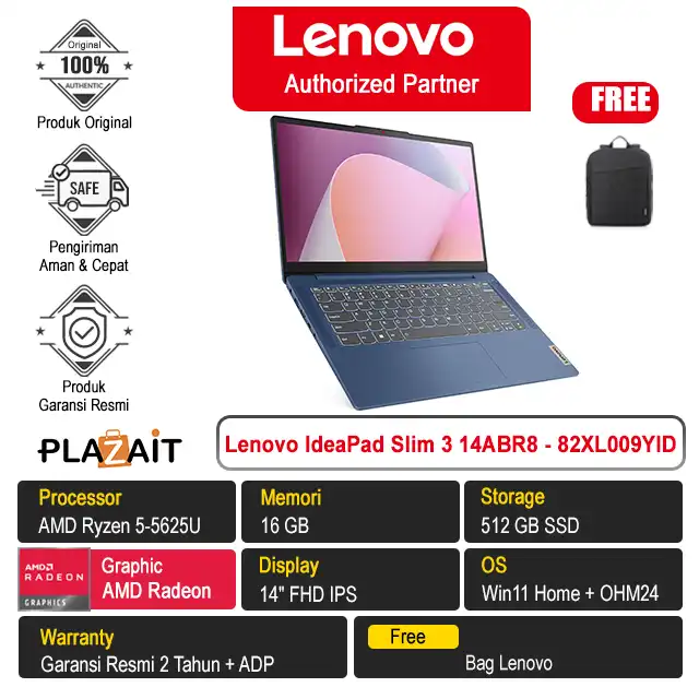Lenovo IdeaPad Slim 3 14ABR8 - 82XL009YID /AMD Ryzen 5-5625U/16GB/512GB SSD/AMD Radeon Graphics/14″ FHD/Win 11 Home+OH24+M365/Abyss Blue/2Y