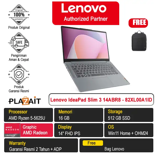 Lenovo IdeaPad Slim 3 14ABR8 - 82XL00A1ID /AMD Ryzen 5-5625U/16GB/512GB SSD/AMD Radeon Graphics/14″ FHD/Win 11 Home+OH24+M365/Arctic Grey/2Y
