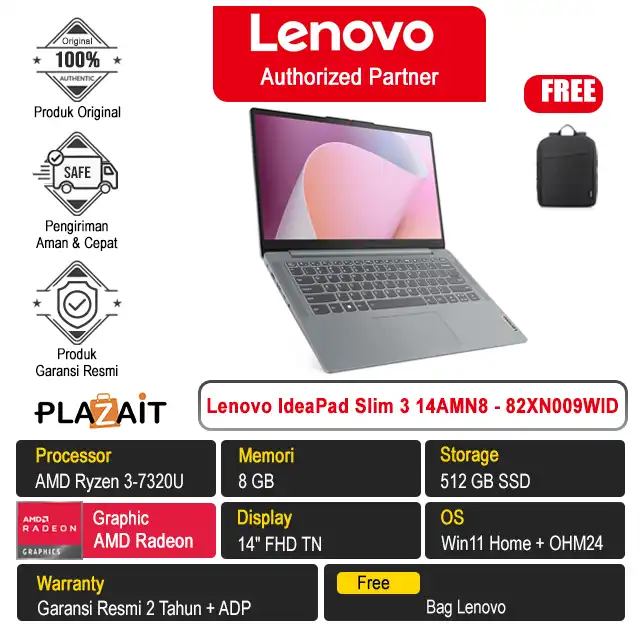 Lenovo IdeaPad Slim 3 14AMN8 - 82XN009WID /AMD Ryzen 3-7320U/8GB/512GB SSD/AMD Radeon Graphics/14″ FHD/Win 11 Home+OH24+M365/Arctic Grey/2Y