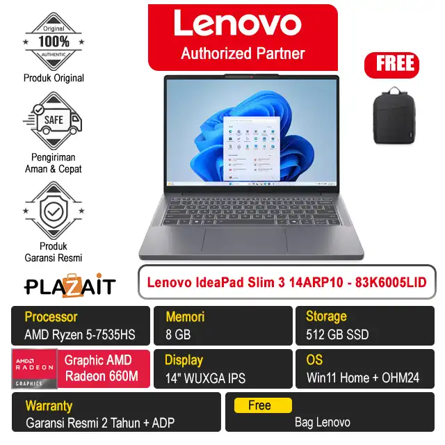 Lenovo IdeaPad Slim 3 14ARP10 - 83K6005LID /AMD Ryzen 5-7535HS/8GB/512GB SSD/AMD Radeon Graphics/14" WUXGA IPS/Win 11 Home+OH24+M365/Luna Grey/2Y