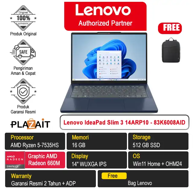 Lenovo IdeaPad Slim 3 14ARP10 - 83K6008AID /AMD Ryzen 5-7535HS/16GB/512GB SSD/AMD Radeon Graphics/14" WUXGA IPS/Win 11 Home+OH24+M365/Cosmic Blue/2Y