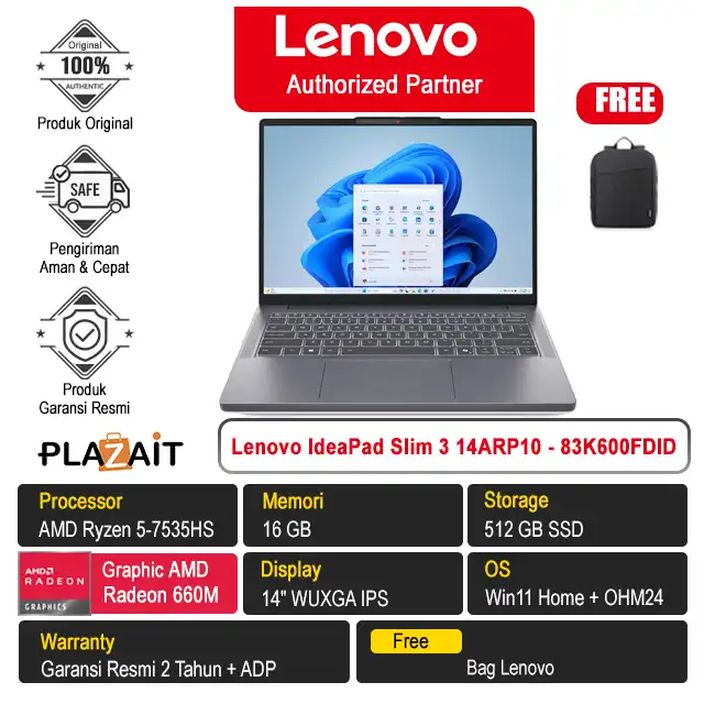 Lenovo IdeaPad Slim 3 14ARP10 - 83K600FDID /AMD Ryzen 5-7535HS/16GB/512GB SSD/AMD Radeon Graphics/14" WUXGA IPS/Win 11 Home+OH24+M365/Luna Grey/2Y