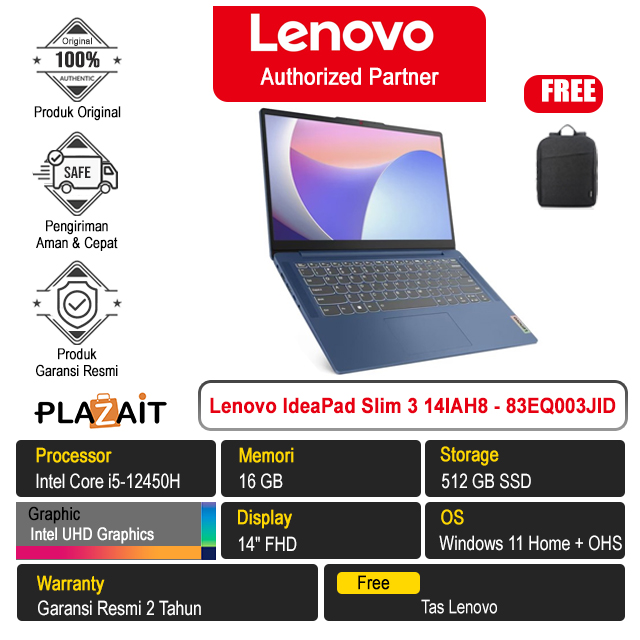 Lenovo IdeaPad Slim 3 14IAH8 - 83EQ003JID /Intel Core i5-12450H/16GB/512GB SSD/Intel UHD Graphics/14″ FHD/Win 11 Home+OHS 2021/Abyss Blue/2Y