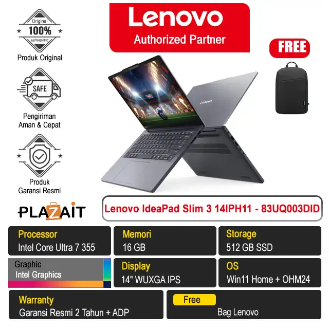 Lenovo IdeaPad Slim 3 14IPH11 - 83UQ003DID /Intel Core Ultra 7-355/16GB/512GB SSD/Intel Graphics/14″ WUXGA IPS/Win 11 Home+OH24+M365/Luna Grey/2Y