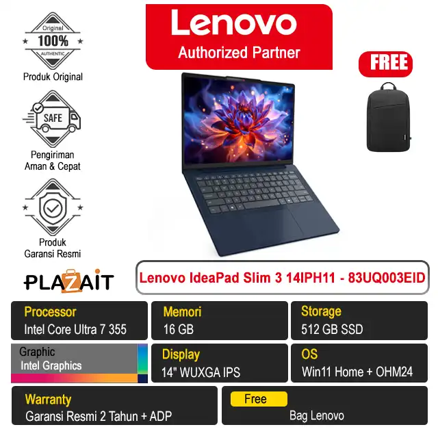 Lenovo IdeaPad Slim 3 14IPH11 - 83UQ003EID /Intel Core Ultra 7-355/16GB/512GB SSD/Intel Graphics/14″ WUXGA IPS/Win 11 Home+OH24+M365/Cosmic Blue/2Y