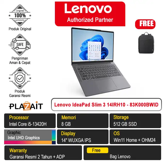 Lenovo IdeaPad Slim 3 14IRH10 - 83K000BWID /Intel Core i5-13420H/8GB/512GB SSD/Intel UHD Graphics/14″ WUXGA IPS/Win 11 Home+OH24+M365/Luna Grey/2Y