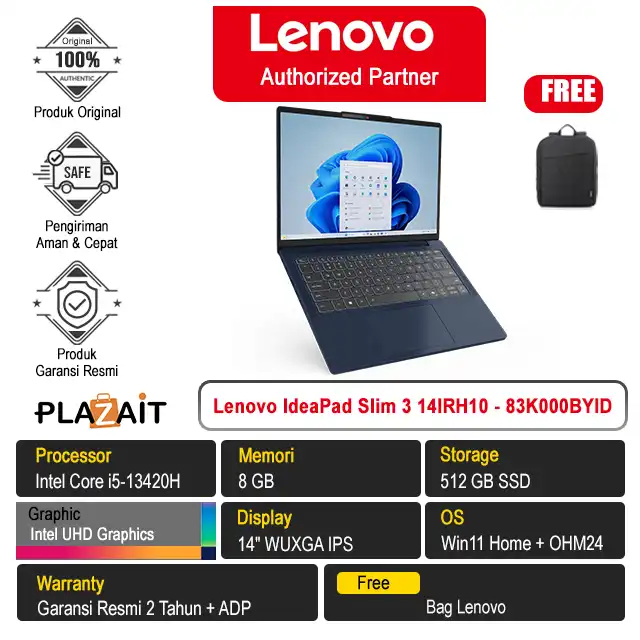 Lenovo IdeaPad Slim 3 14IRH10 - 83K000BYID /Intel Core i5-13420H/8GB/512GB SSD/Intel UHD Graphics/14″ WUXGA IPS/Win 11 Home+OH24+M365/Cosmic Blue/2Y