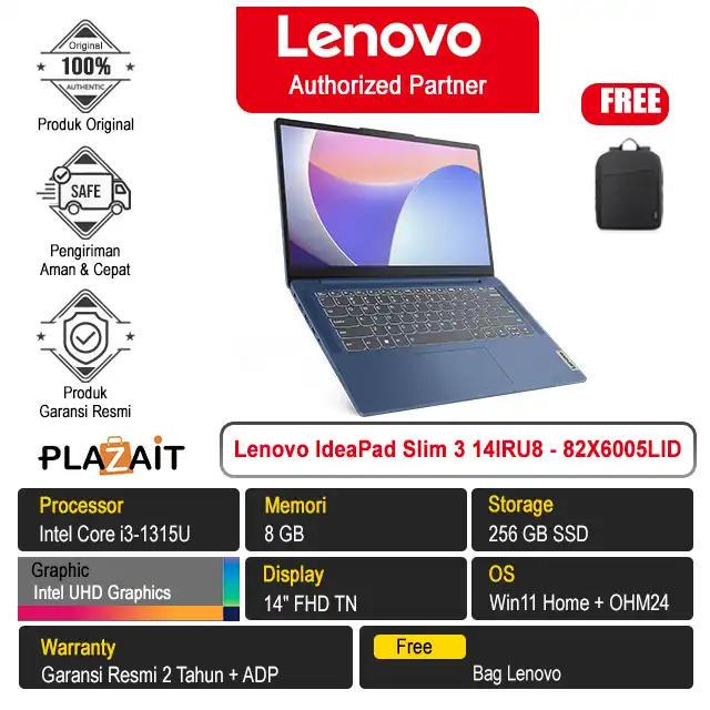 Lenovo IdeaPad Slim 3 14IRU8 - 82X6005LID /Intel Core i3-1315U/8GB/256GB SSD/Intel UHD Graphics/14″ FHD TN/Win 11 Home+OH24+M365/Abyss Blue/2Y