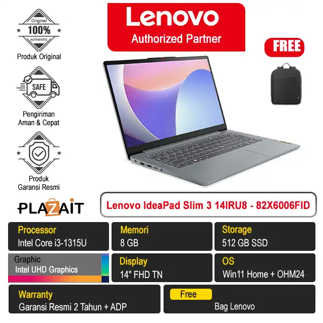Lenovo IdeaPad Slim 3 14IRU8 - 82X6006FID /Intel Core i3-1315U/8GB/512GB SSD/Intel UHD Graphics/14″ FHD TN/Win 11 Home+OH24+M365/Arctic Grey/2Y