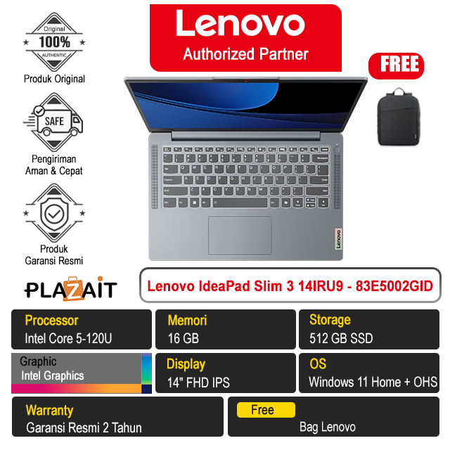 Lenovo IdeaPad Slim 3 14IRU9 - 83E5002GID /Intel Core 5-120U/16GB/512GB SSD/Intel Graphics/14″ FHD IPS/Win 11 Home+OHS 2021/Arctic Grey/2Y